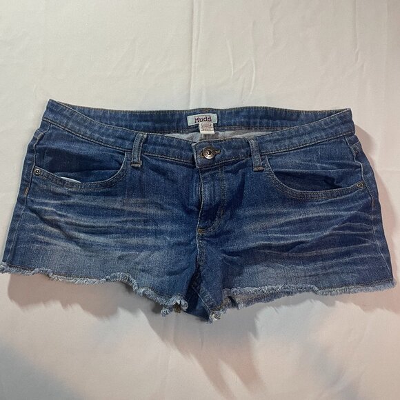 Mudd Jean Shorts Y2K Womens Size 15 Blue Medium Wash Denim Frayed Hem Cut Off - Picture 1 of 5